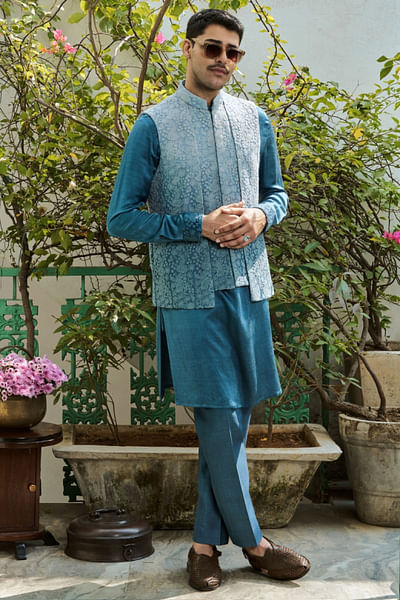 Blue ombre floral embroidered bandi kurta set