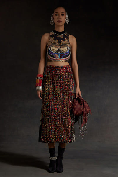 Black thread embroidered skirt set