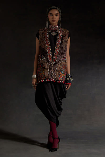 Black resham embroidered jacket dress