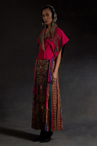 Pink zari embroidered jacket skirt set