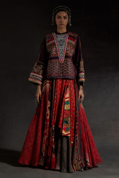 Multicolour beaded jacket skirt set