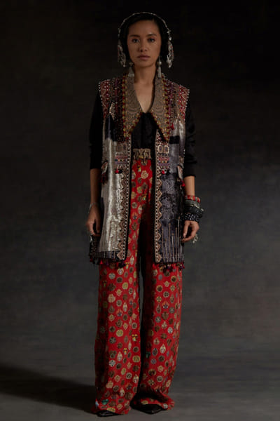 Multicolour zari embroidered jacket set