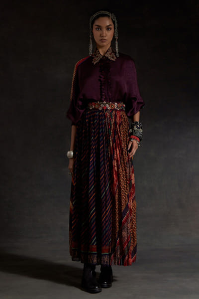 Multicoloured bead embroidered skirt set