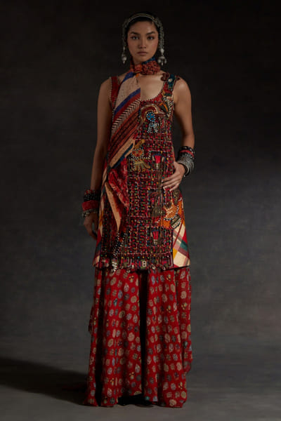 Multicolour thread embroidered kurta skirt set