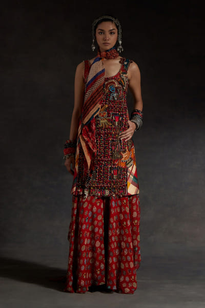 Multicolour resham embroidery kurta skirt set