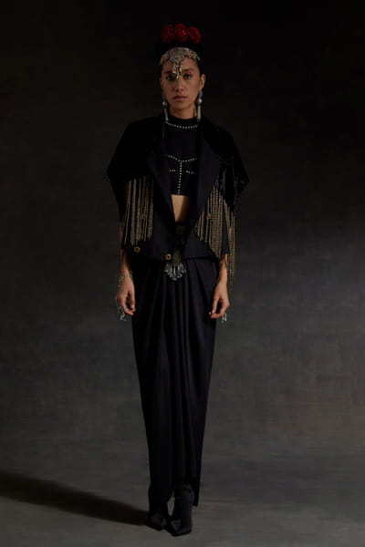 Black beaded jacket skirt set