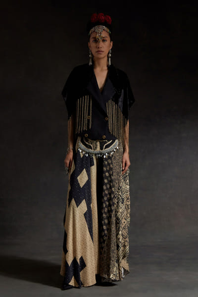 Black and ivory embroidered jacket skirt set