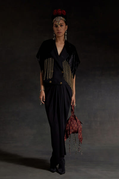 Black tassel embellished jacket skirt set