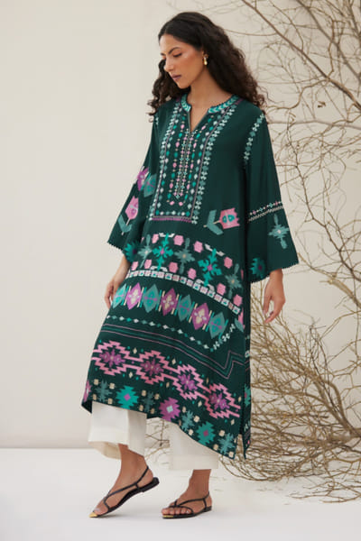 Teal geometric embroidered khadi silk kurta