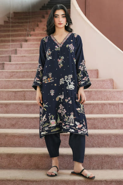 Midnight blue embroidered kurta set