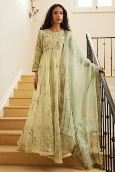 Sage green floral embroidered kurta set