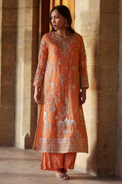 Vermillion orange embroidered kurta set