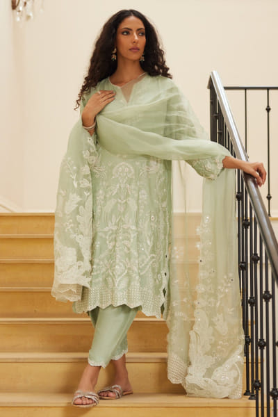 Aqua floral embroidered kurta set