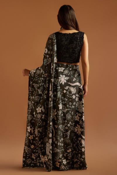 Misha Lakhani Black floral printed sari set MISAPR26D242305