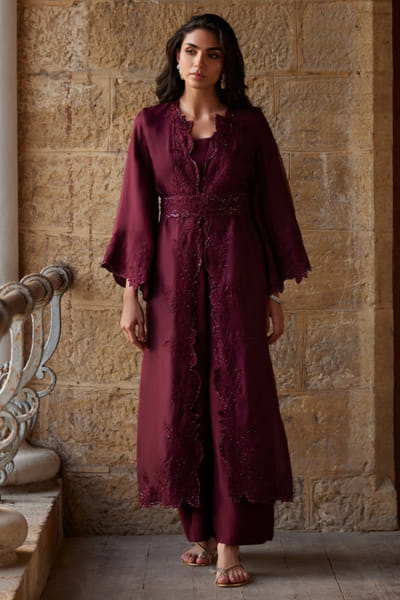 Red embroidered and belted jacket set