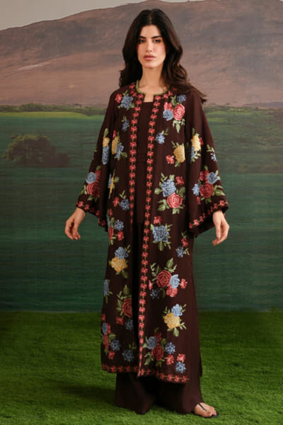 Misha Lakhani Chocolate brown embroidered kaftan set MISHMAY26D343963