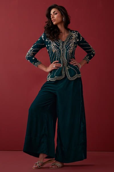Misha Lakhani Teal zardozi embroidered jacket set MISFEB26D138547
