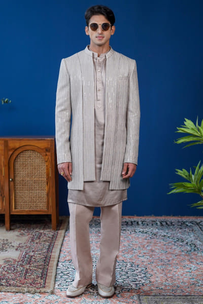 Grey embroidered Indo-Western jacket set