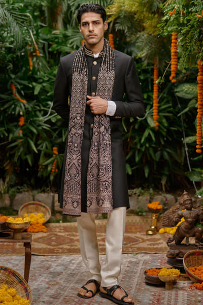 Black Indo-Western achkan and dupatta