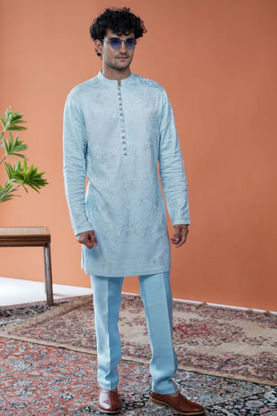 Ice blue embroidered kurta