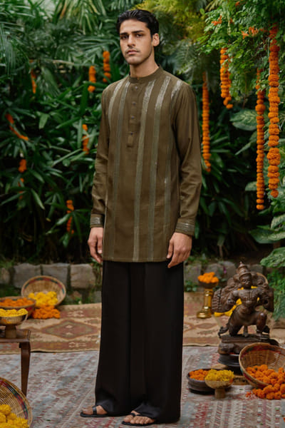 Olive green sequinned kurta