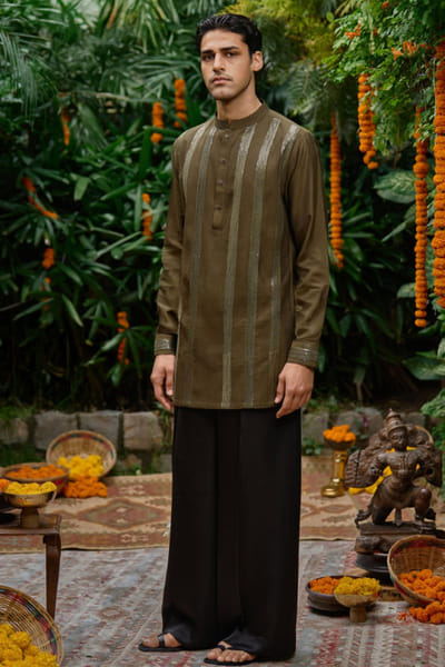 Olive green sequinned kurta set