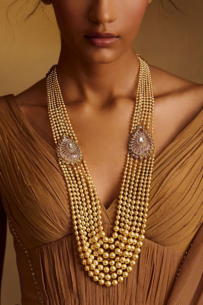 Gold pearl layered long necklace