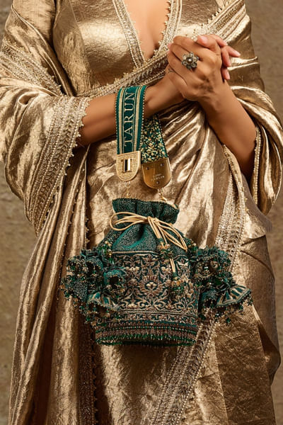 Moss green embroidered velvet potli bag