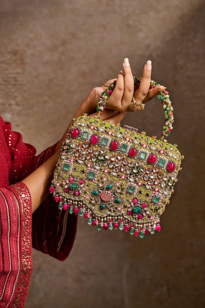 Multicoloured kundan embroidered clutch