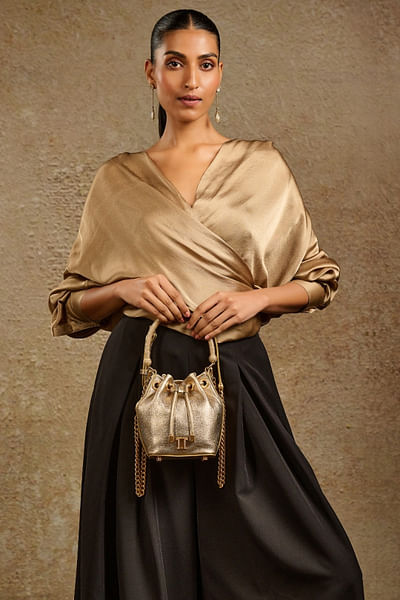 Gold metallic bucket bag