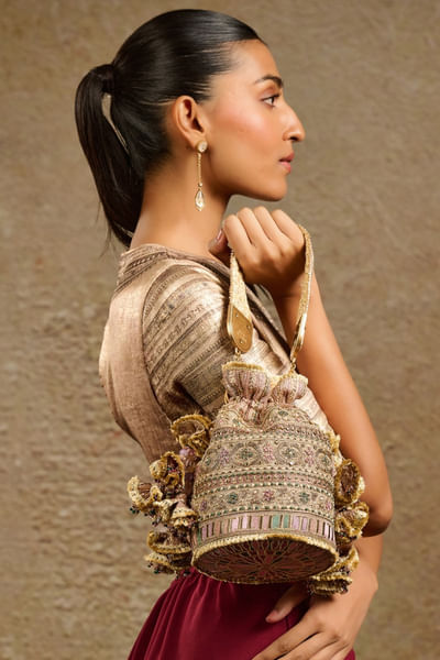 Gold multicoloured embroidered potli bag