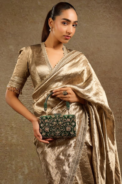 Emerald embroidered velvet clutch bag