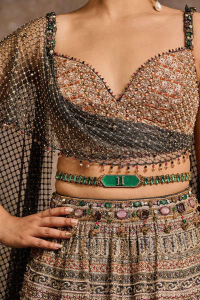 Emerald crystal studded brooch belt