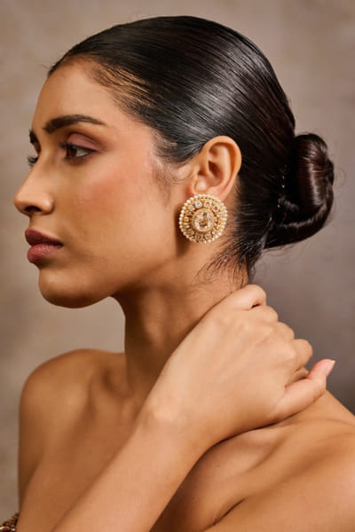 Gold zircon studded diamond stud earrings