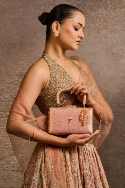 Salmon brocade beaded clutch