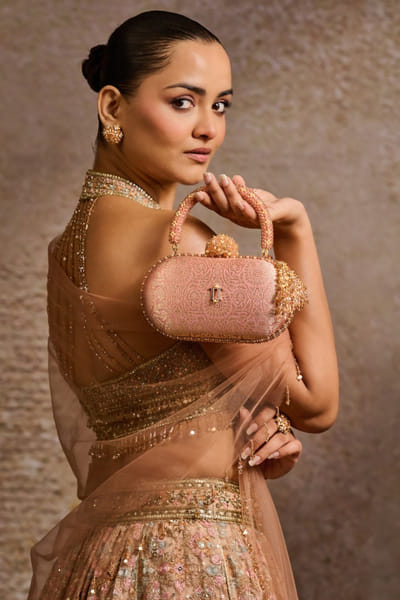 Salmon beaded brocade clutch