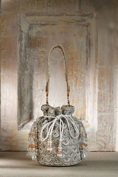 Grey scallop embroidered bucket bag