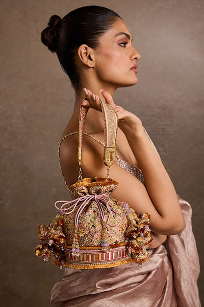 Multicolour Kashida embroidered bucket bag