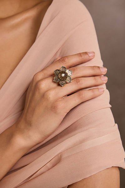 Gold Swarovski pearl topaz melon stone ring