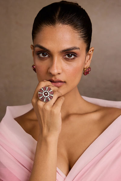 Ruby melon pearl zircon embellished ring