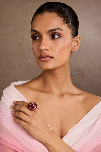 Ruby stone embellished gold plated ring