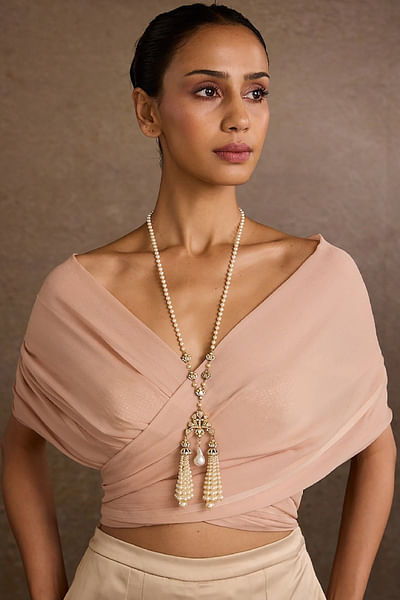 Gold Swarovski pearl tasselled necklace