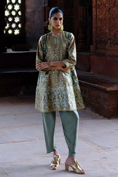 Mint green zardozi embroidery tunic set