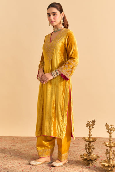 Mustard aari embroidered kurta set