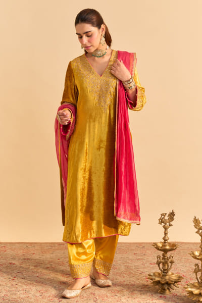 Mustard aari embroidery kurta set