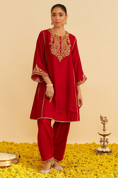 Deep red pearl embroidery chogha set