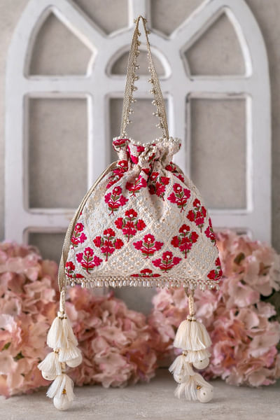White floral embroidered potli bag