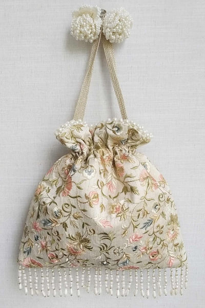 White floral embroidered potli bag