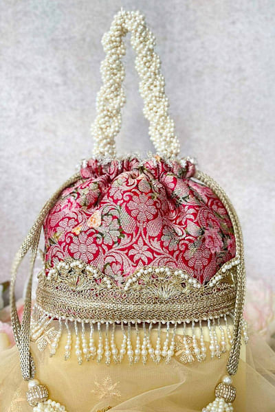 Red floral printed potli bag
