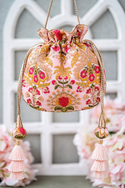 Baby pink embroidered potli bag